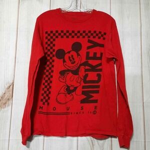 Disney Mickey Mouse Long Sleeve Graphic T-Shirt Red Mens Medium M Checkered Logo